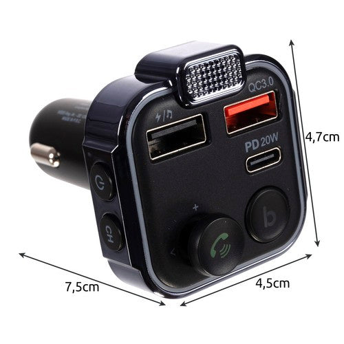 Bluetooth FM трансмитер с бързо зарядно 12V/24V – USB + Type-C, Handsfree