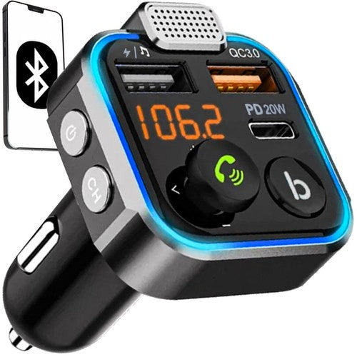 Bluetooth FM трансмитер с бързо зарядно 12V/24V – USB + Type-C, Handsfree